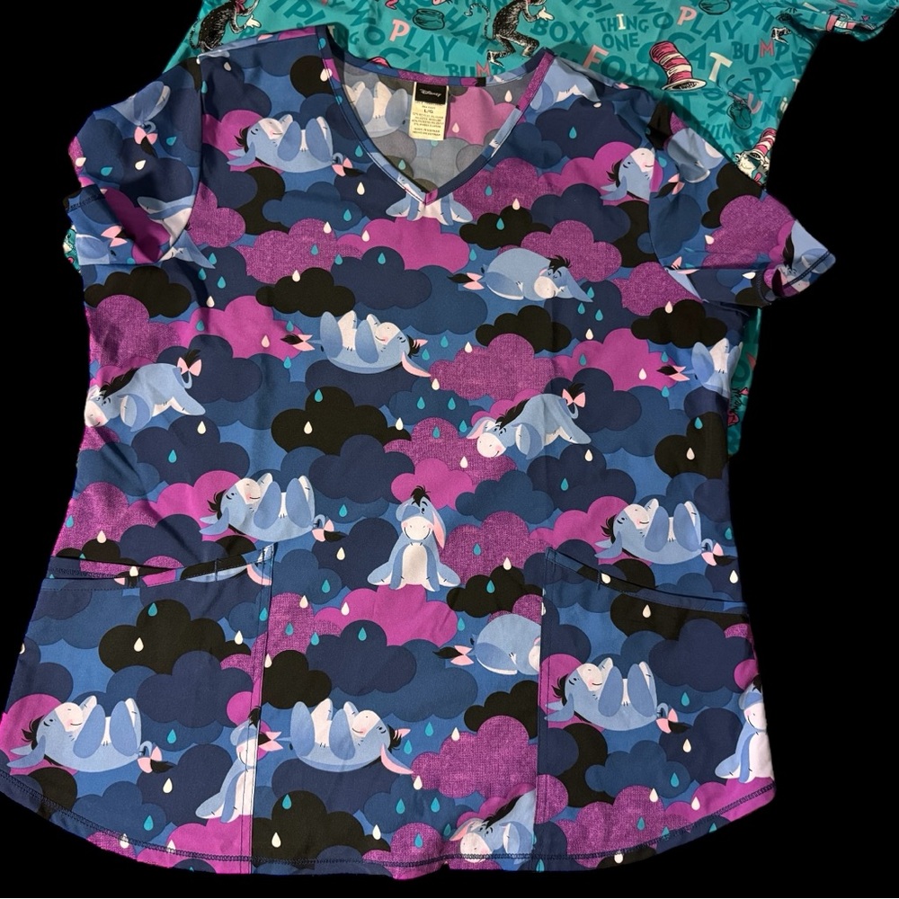 Disney Pixar Cartoon Print Scrub Tops Eeyore Nemo Dr Seuss lot of 3 size Large - Picture 5 of 8